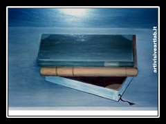 trompe l'oeil finta libreria con specchio ante armadio con grottesche (Dettaglio)